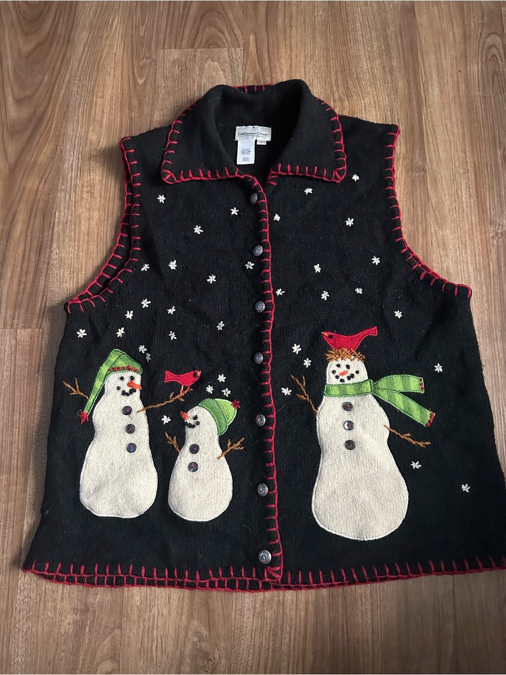 Coldwater Creek Black Holiday Snowman Vest with Red Trim